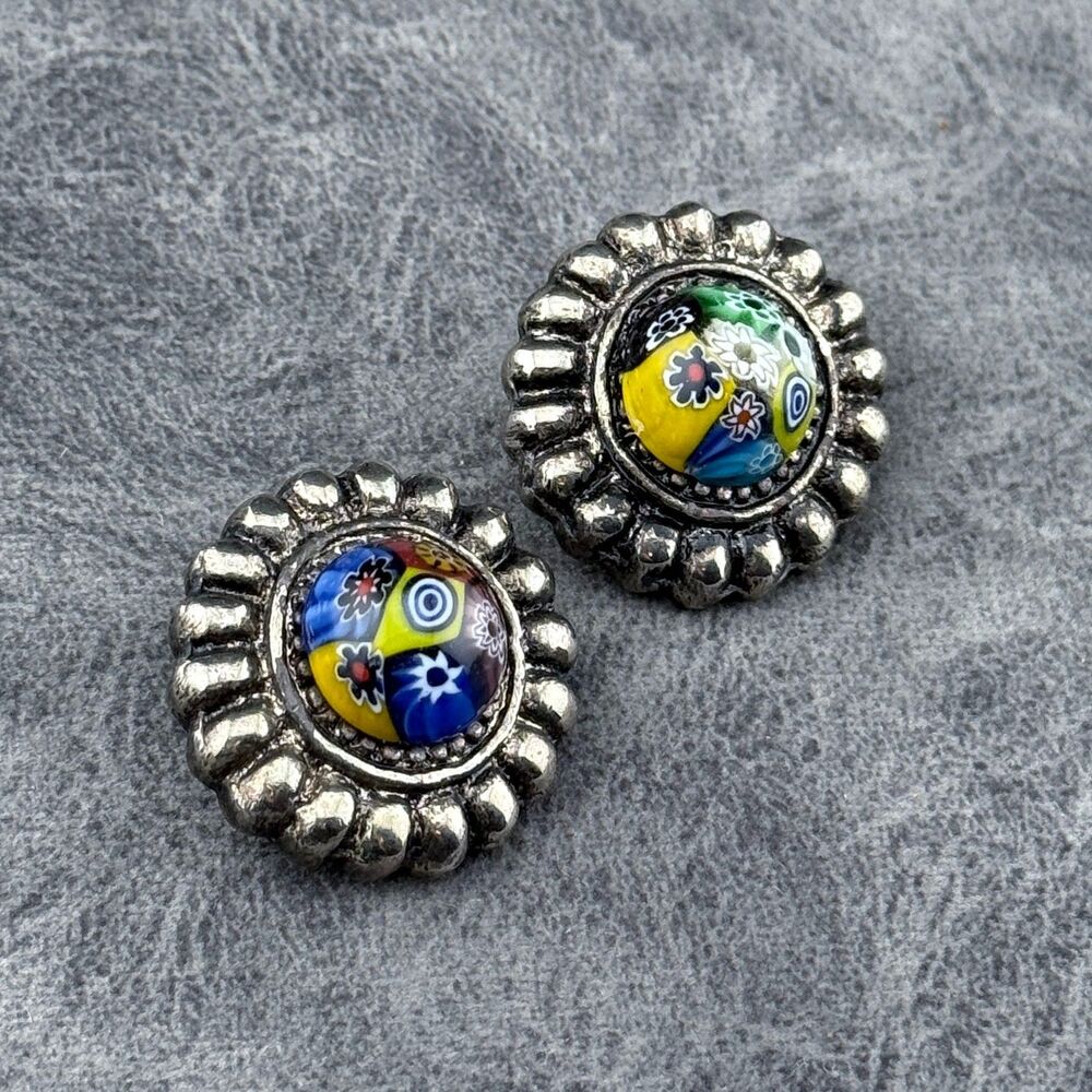 Vintage Multicolor Round Flower MILLEFIORI Glass Metal Clip-on Earrings 1" Heavy